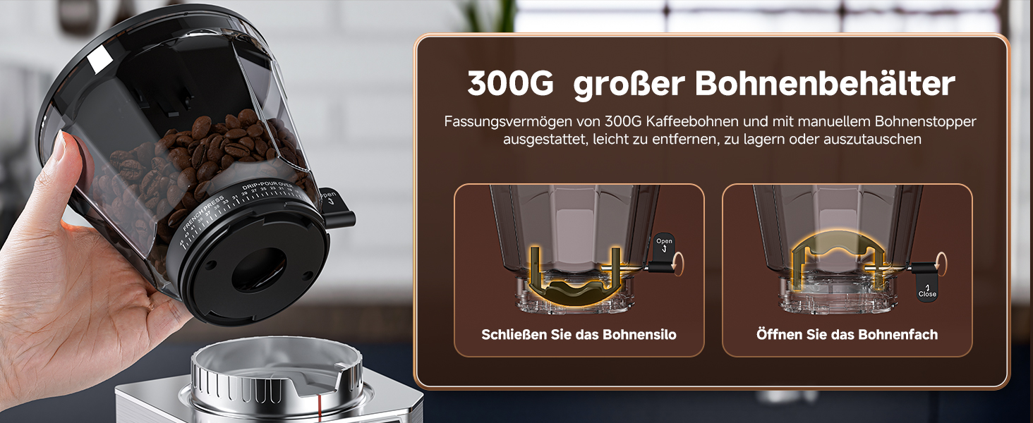 Der Text lautet „300G großer Bohnenbehälter“. Kaffeemaschinen-Komponente, die den Bohnenbehälter und den Mahlmechanismus aus verschiedenen Blickwinkeln zeigt.