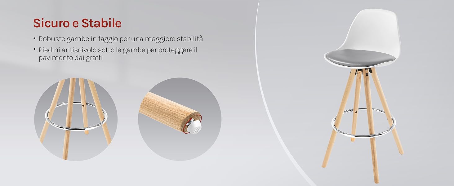 Sgabello da bar moderno con seduta bianca e gambe in legno. Le caratteristiche includono un anello poggiapiedi e imbottiture protettive per il pavimento. Tre immagini mostrano un primo piano completo dello sgabello, delle gambe e del materassino