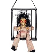 Dekorative Halloween-Skelettpuppe zum Aufhängen mit langen dunklen Haaren, in hellbrauner/beiger Kleidung, aufgehängt in einem schwarzen Metallkäfigrahmen mit Kette zur Präsentation.