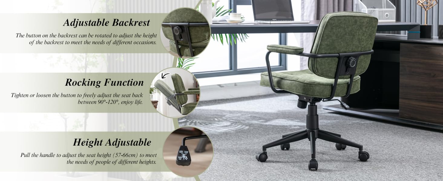 Office chair features diagram highlighting adjustable backrest, rocking function, and height adjustment. Chair shown in dark color with mesh back in an office setting.