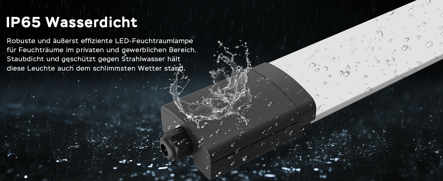 Schwarzes elektronisches Gerät, gegen das Wasser spritzt und das nach IP65 zertifiziert ist. Deutscher Text oben sichtbar