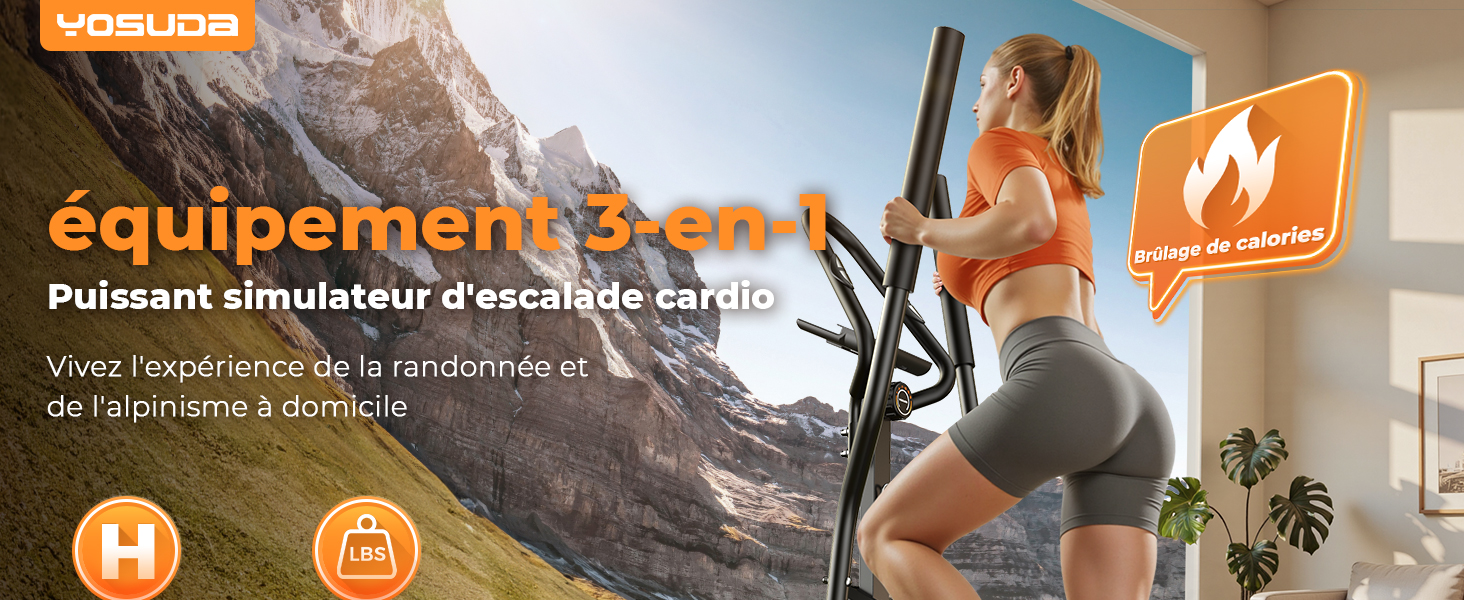 Le texte se lit comme suit : « équipement 3-en-1 Puissant simulateur d'escalade cardio ». Appareil d'escalade en salle illustré en cours d'utilisation sur fond de montagne.