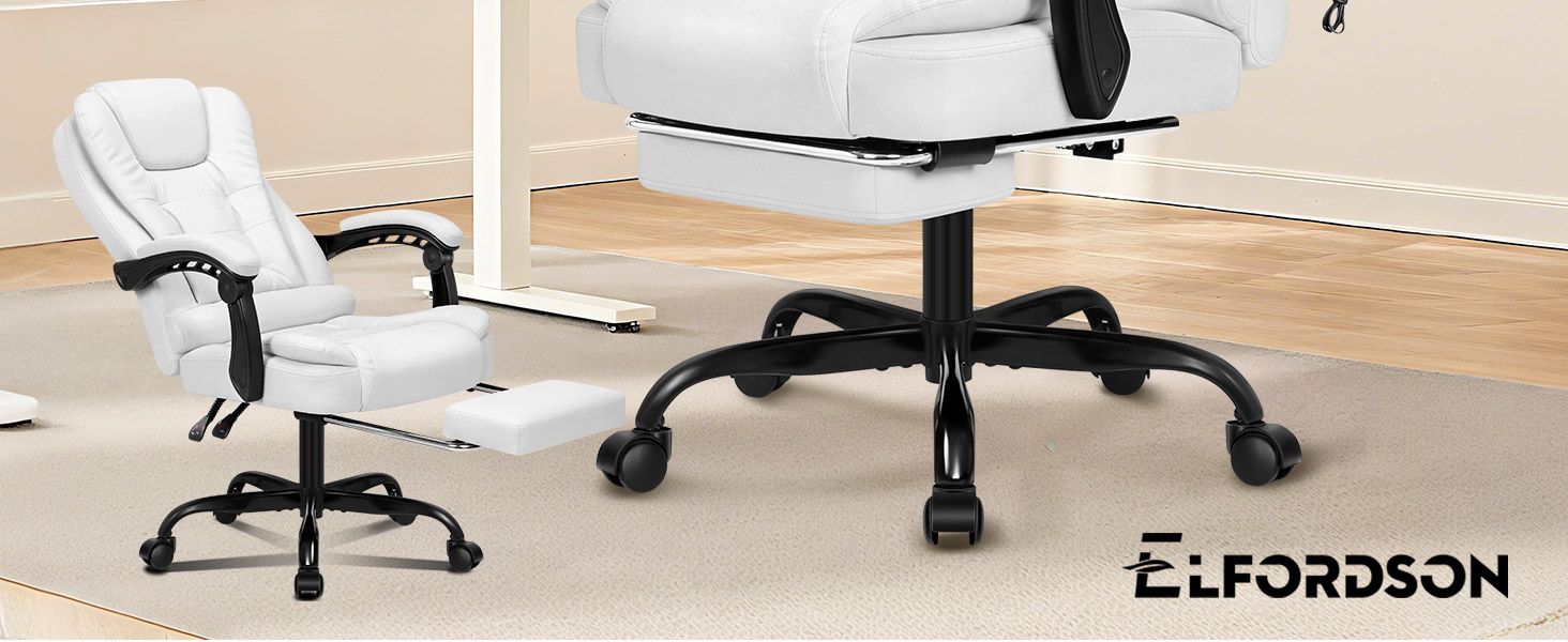 Text reads 'EIFORDSON'. White ergonomic office chair with black mesh backing and black wheeled base, shown with white desk against wooden floor.