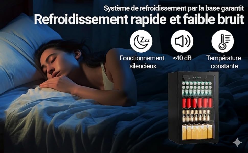 Le texte se lit comme suit : « Système de refroidissement par base garanti » « Refroidissement rapide et faible brut ». Publicité montrant un système de réfrigération avec des icônes pour un fonctionnement silencieux, un faible bruit et une température constante. Affichage du refroidisseur de boissons visible.