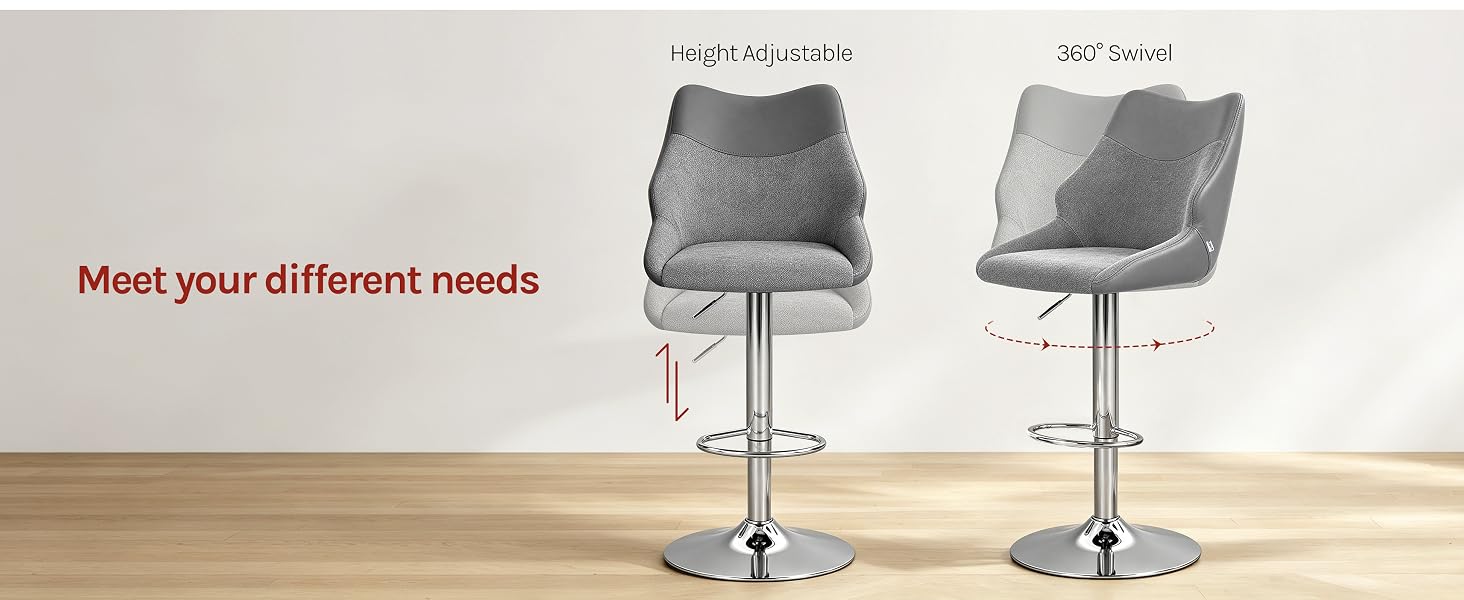 Text reads 'Meet your different needs' with reference to 'P2' and 'BC Series' chair models. Two modern adjustable bar stools with gray upholstered seats, chrome gas lift mechanism, and footrests displayed in minimalist interior setting.