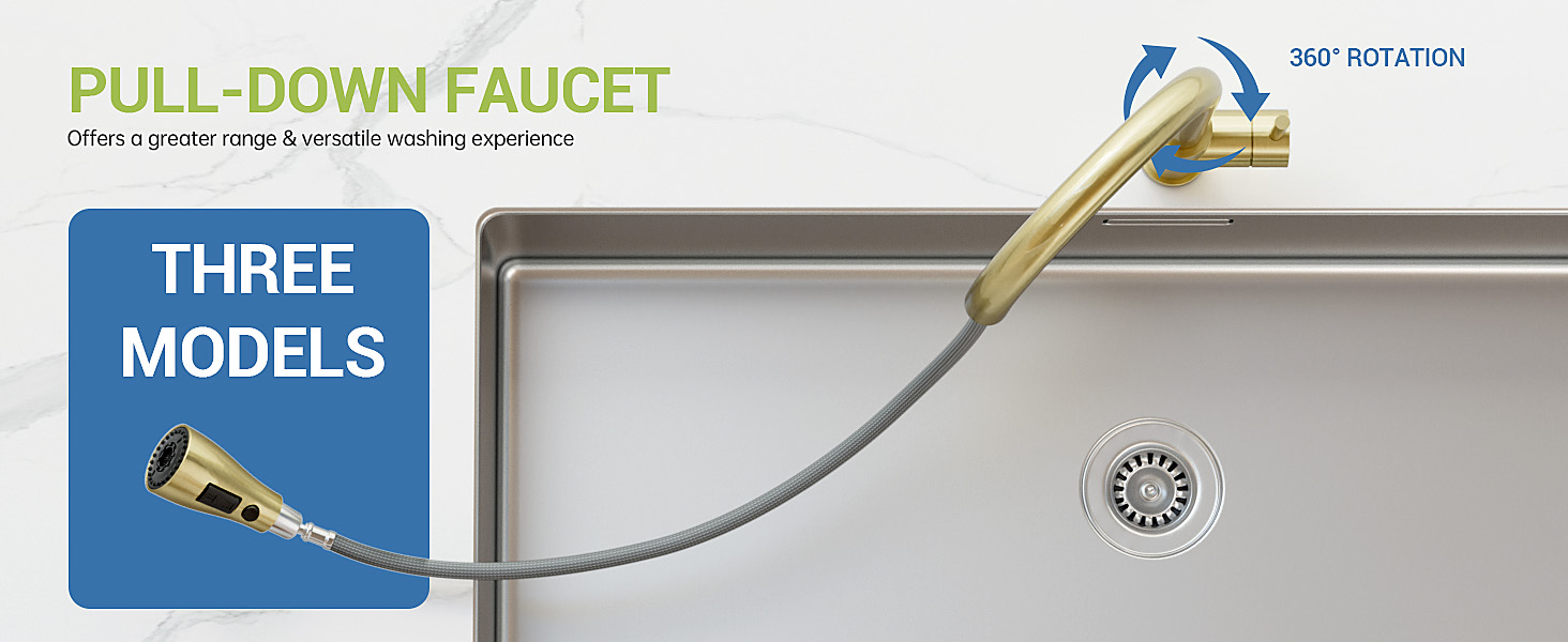 Pull-down kitchen faucet with 360-degree rotation capability and flexible hose, showing three available models.