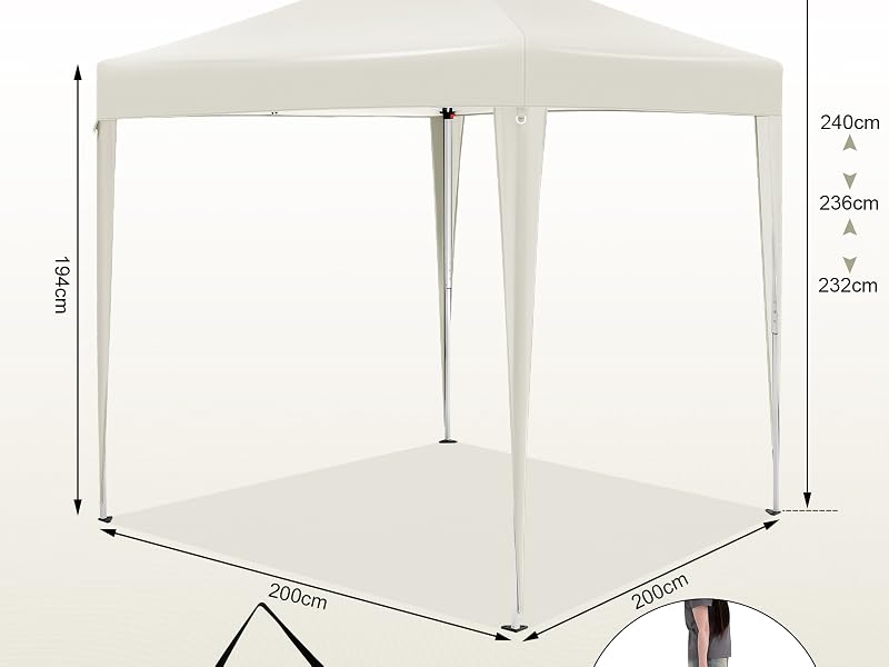 Tente à baldaquin escamotable blanche avec des dimensions de 200 x 200 cm et une hauteur de 232 à 240 cm, présentée avec un sac de transport noir mesurant 116 x 21 cm