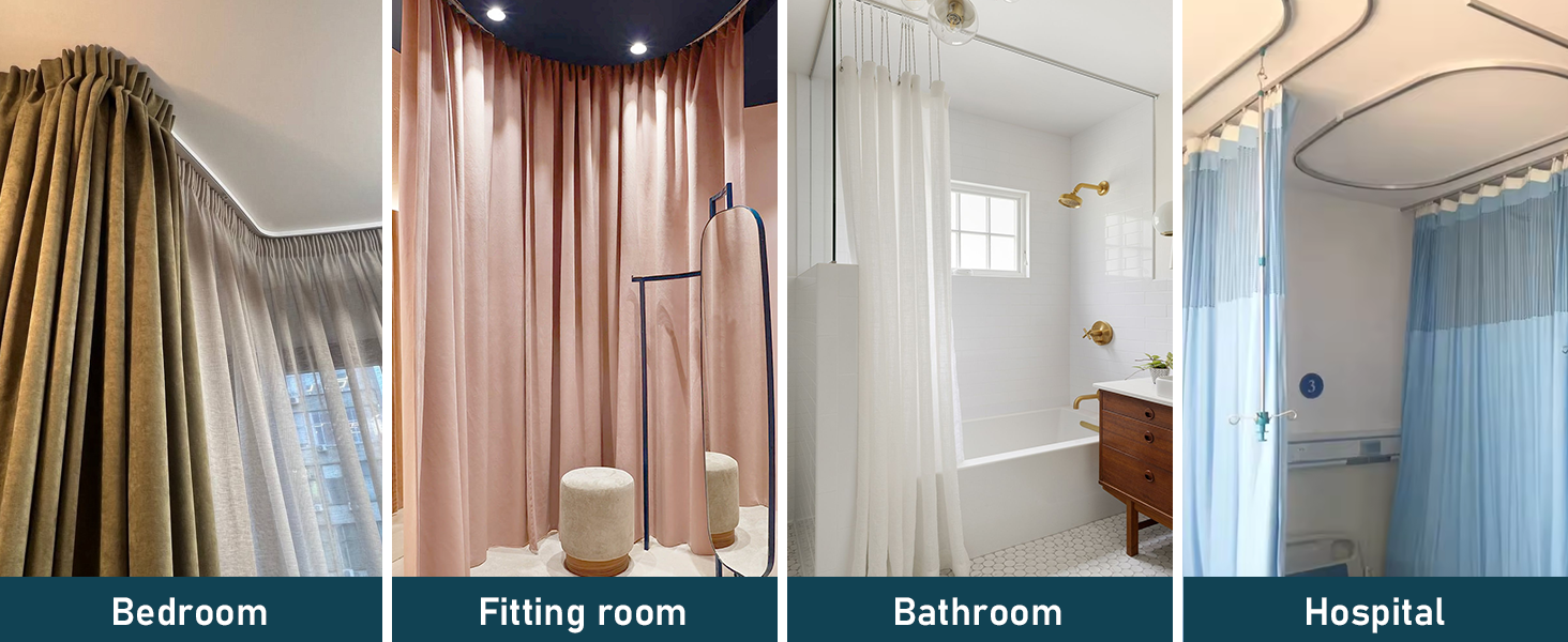 Image à quatre panneaux montrant différents styles de rideaux : chambre à coucher avec de longs rideaux, cabine d'essayage avec rideau rose, salle de bain avec rideau de douche et hôpital avec rideau d'intimité