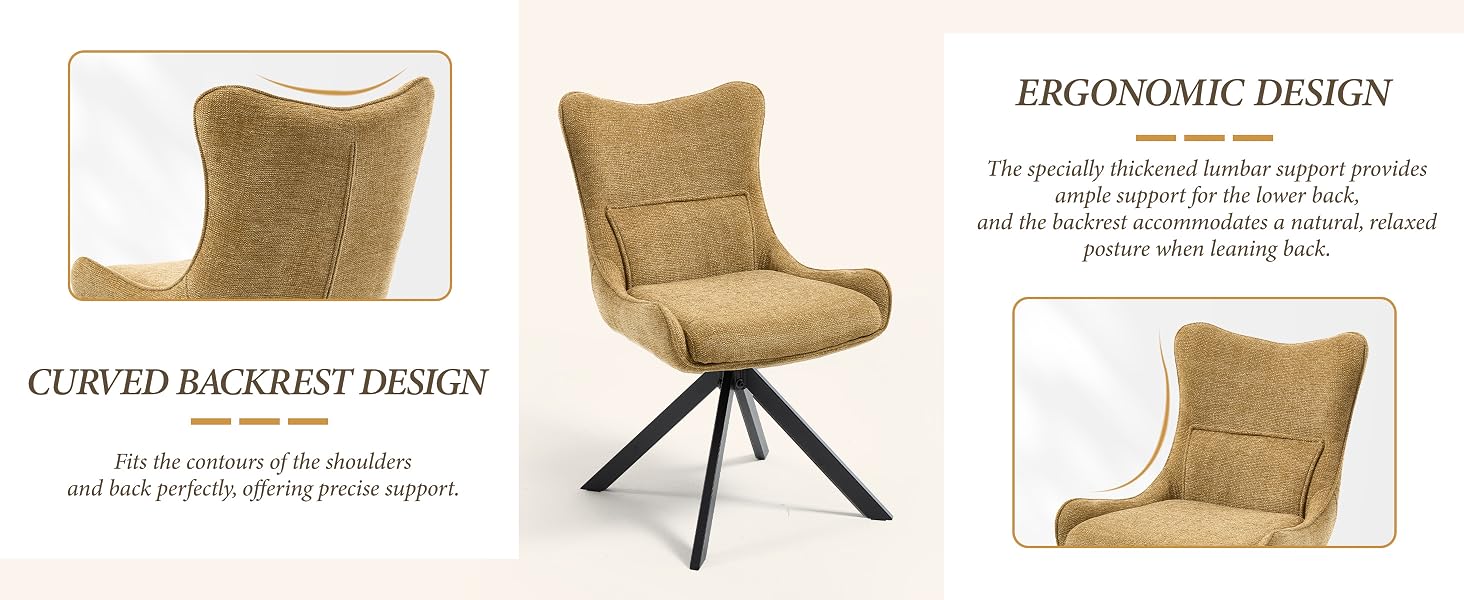 Text reads: 'CURVED BACKREST DESIGN' and 'ERGONOMIC DESIGN'. Golden textured swivel chair with curved high back and metal base shown from multiple angles.