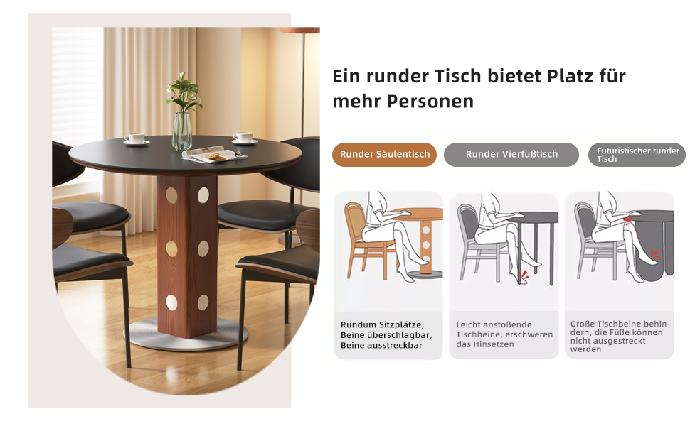 Der Text lautet „Ein runder Tisch bietet Platz für mehr Personen“ mit drei Diagrammen, die die Tischanordnung zeigen. Das Produktfoto zeigt einen runden Esstisch aus Holz mit Stühlen.