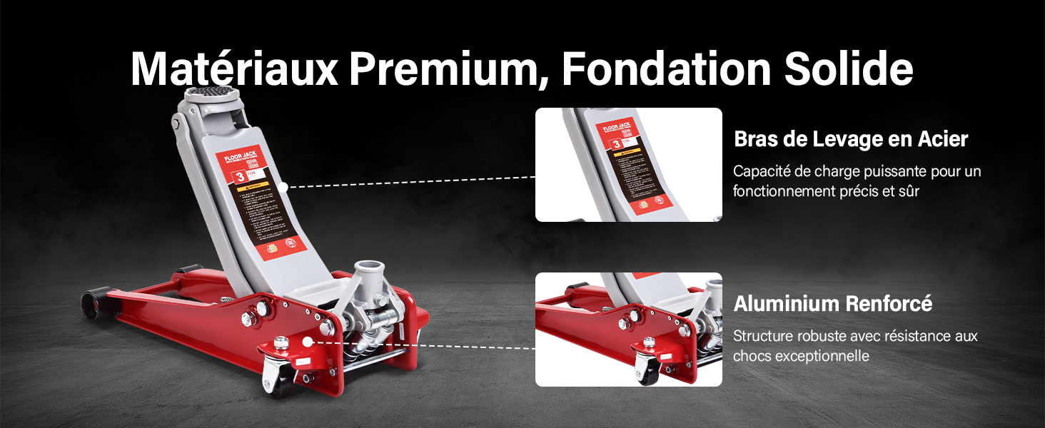 Le texte se lit comme suit : « Matériaux Premium, Fondation Solide ». Cric de sol hydraulique rouge avec spécifications techniques et détails de construction mis en évidence.