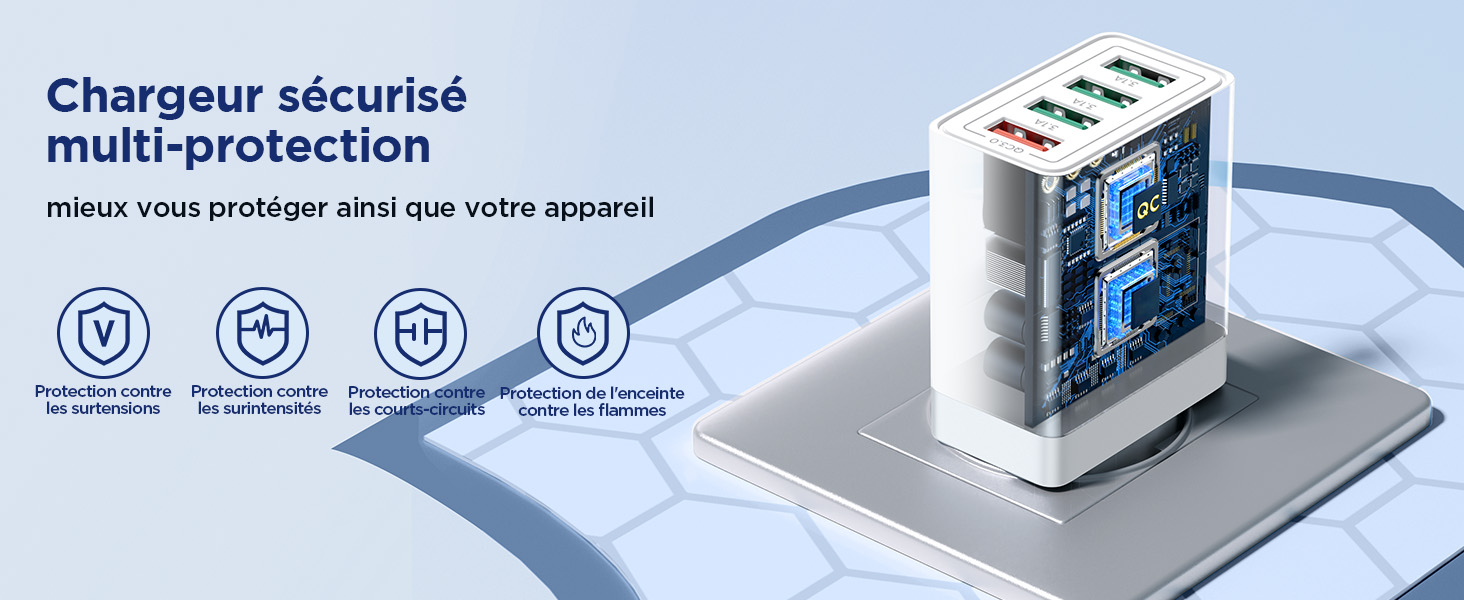 with visible internal components. Features include overload, short-circuit, and overheat protection. White device on a metal surface with blue graphic elements.