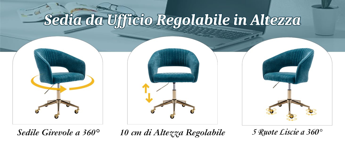 Sedia da ufficio color tè con schienale curvo su base dorata. Dispone di rotazione a 360 gradi, regolazione dell'altezza e rotelle scorrevoli. Tre visualizzazioni mostrano