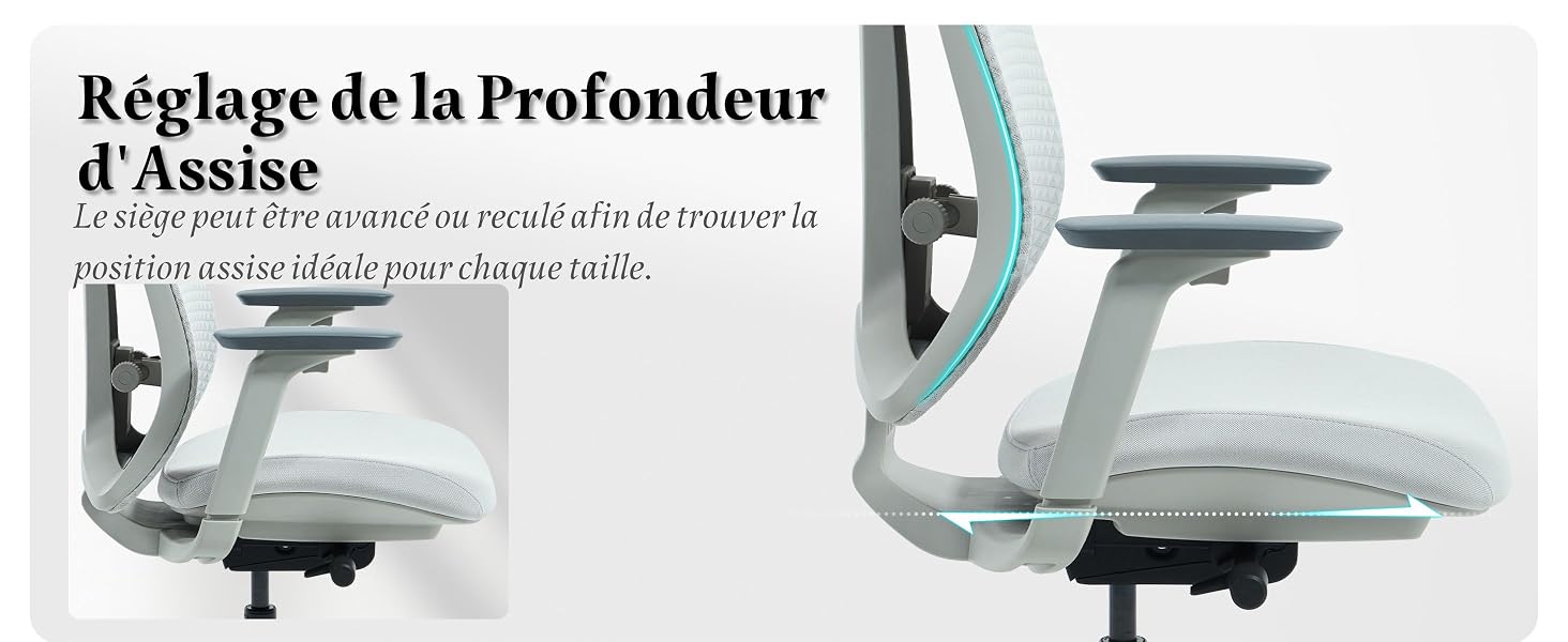 Le texte indique « Réglage de la Profondeur d'Assise ». Série d'images montrant le mécanisme de profondeur d'assise d'une chaise de bureau réglable.