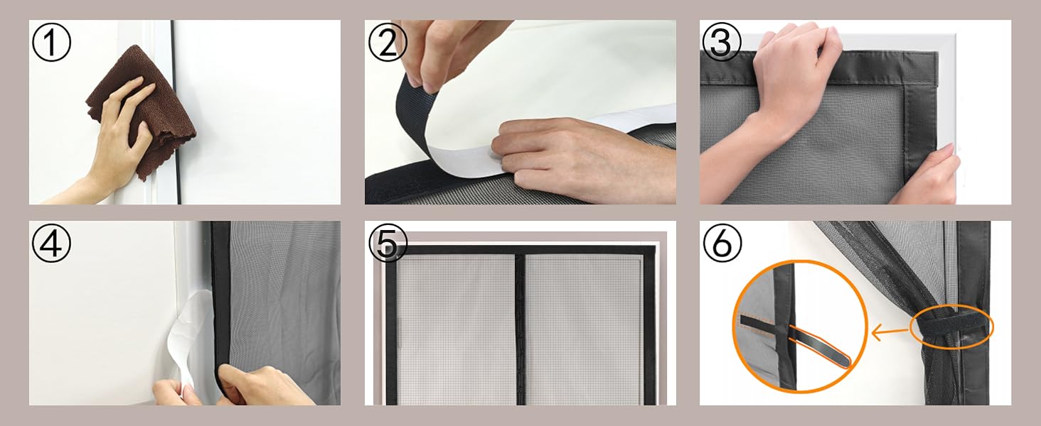 Guide d'installation numéroté montrant étape par étape le processus de montage ou d'assemblage d'un produit sur un mur ou une surface.