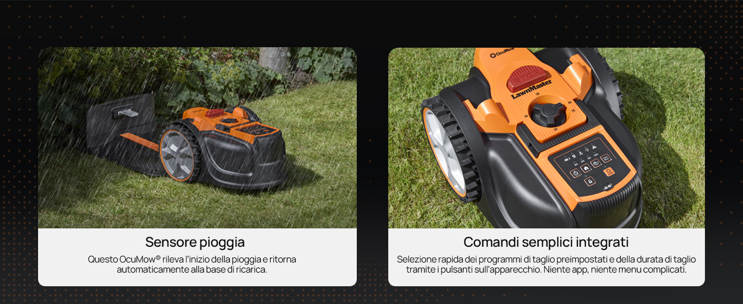 Immagini multiple del rasaerba robotizzato in azione, che mostrano un dispositivo arancione e nero che falcia l'erba da diverse angolazioni e posizioni.