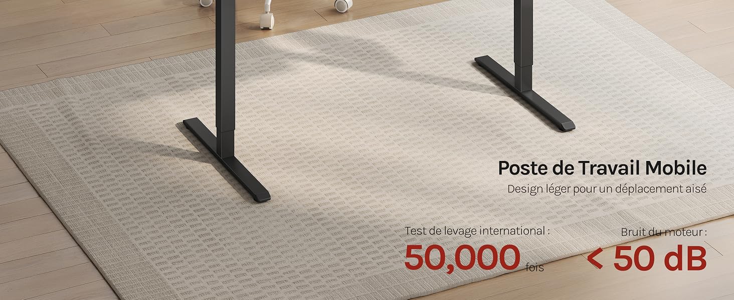 Le texte indique « Poda co Travail Module » et « 50 000 ~ < 50 dB ». Le sol en béton avec support en métal noir est placé à part, démontrant les spécifications de réduction du bruit acoustique des modules de travail modulaires.