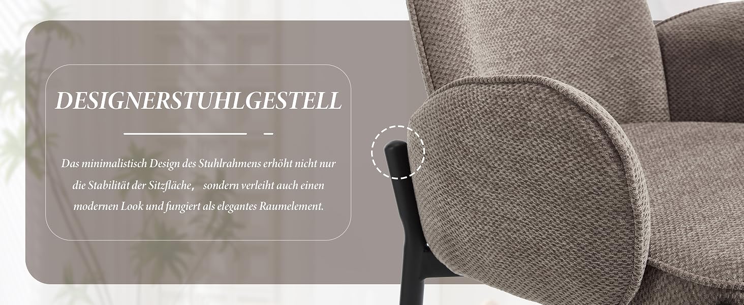 Der Text lautet „DESIGNERSTUHLGESTELLL“. Innenmöbelszene mit modernen grauen gepolsterten Sitzen vor weißer Wand.