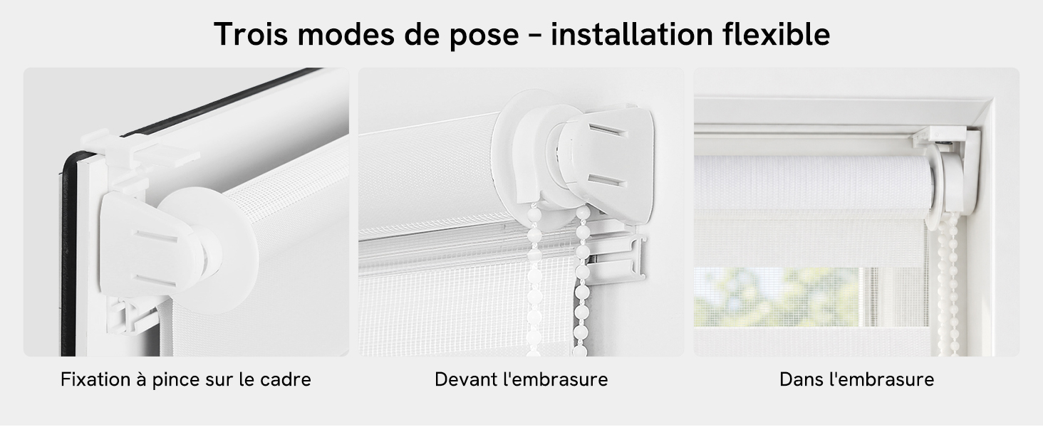 Le texte se lit comme suit : « Trois modes de traction - Installation flexible » et trois schémas de méthodes d'installation sont présentés. Système de couvre-fenêtre avec options de montage flexibles affichées.