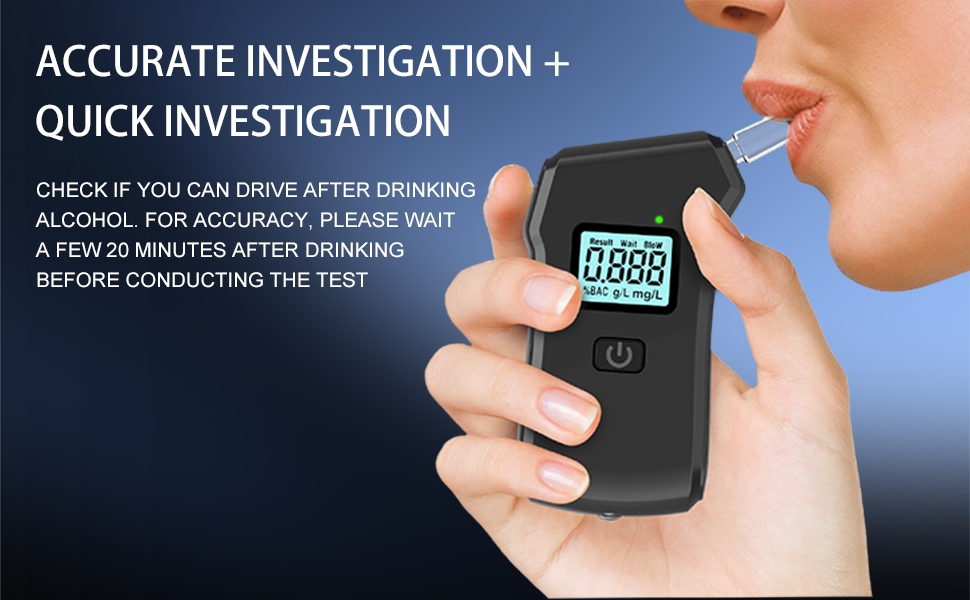 Text reads 'ACCURATE INVESTIGATION +' and 'QUICK INVESTIGATION'. Digital device being held showing testing or monitoring interface with dark background and blue accents.
