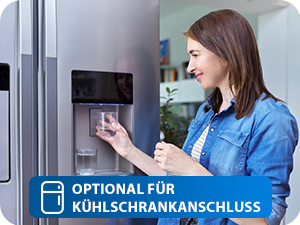 Bedienfeld auf der Produktschnittstelle mit dem Text „Optional für Kühlschrankanschluss“ mit blauem