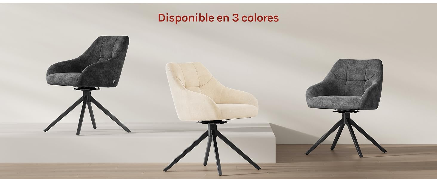 El texto dice «Disponible en 3 colores». Tres sillas giratorias modernas que se muestran en diferentes colores (negro, beige y gris oscuro), cada una montada sobre bases de trípode negras sobre un fondo neutro.