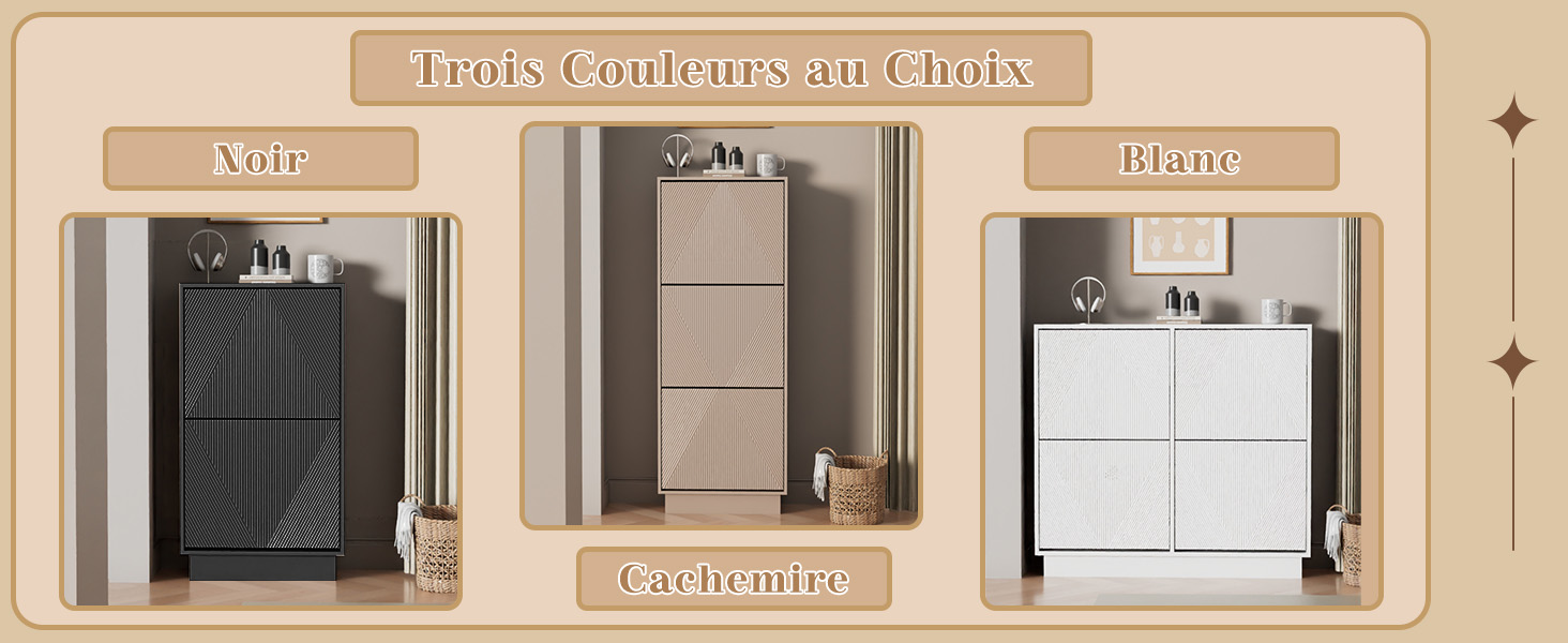 Schéma comparatif des produits montrant trois styles d'armoires différents dans les tons beige et marron : configurations murales, soffites et encastrées.