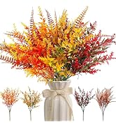 Künstliches Blumenarrangement mit gelbem, orangefarbenem und burgunderfarbenem Kunstlaub in einer weißen Keramikvase, wobei die einzelnen Stängelbestandteile unten separat in passenden Farben dargestellt sind.