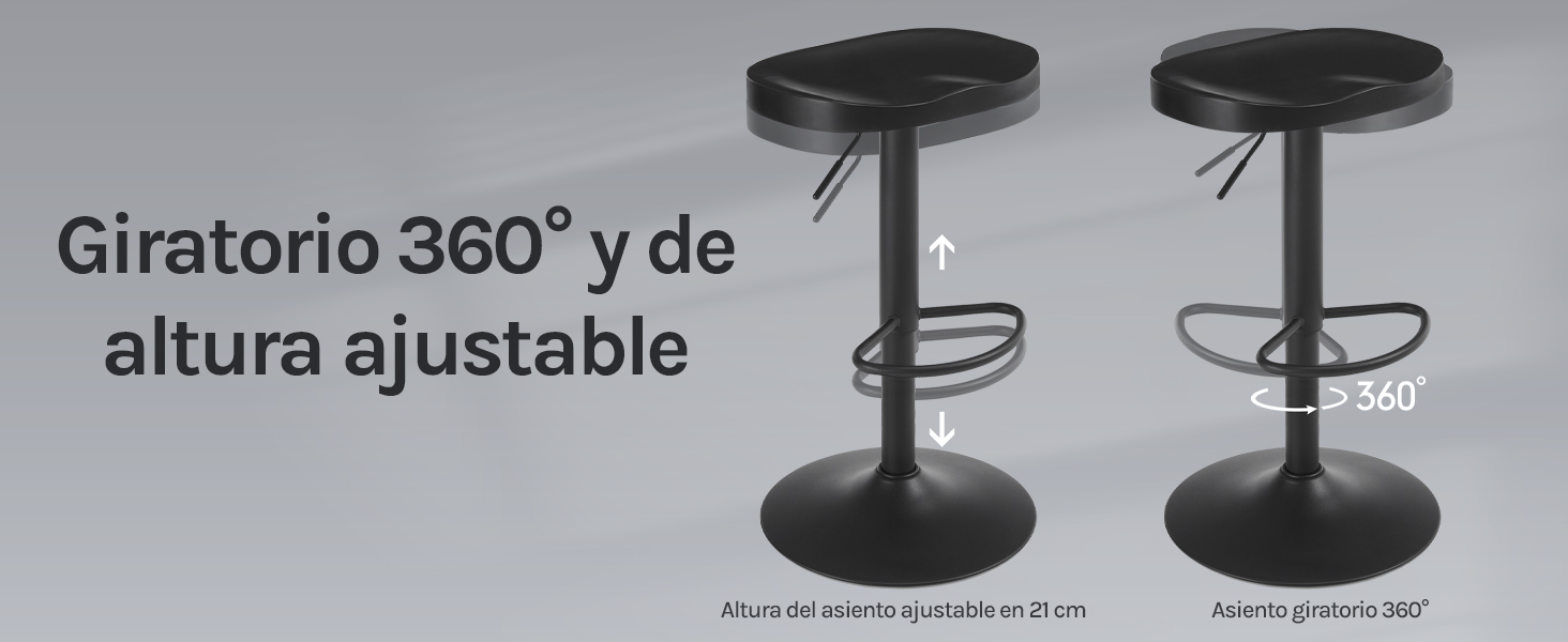 Dos taburetes de bar ajustables negros con asientos circulares. Cuenta con un giro de 360 grados y un ajuste de altura de 61 a 82 cm. Los reposapiés