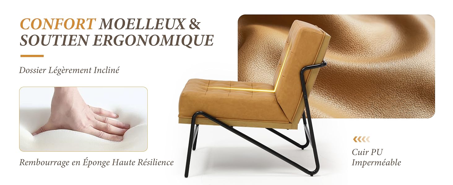 Le texte se lit comme suit : « CONFORT MOELLEUX & SOUTIEN ERGONOMIQUE », « Veste légère directe », « Rembourrrage et Piping House Resilience », « MATIÈRE », « Cuir PU », « Polyester ». Chaise rembourrée brun/doré avec pieds en métal présentés sous deux angles offrant confort et caractéristiques de soutien ergonomiques.