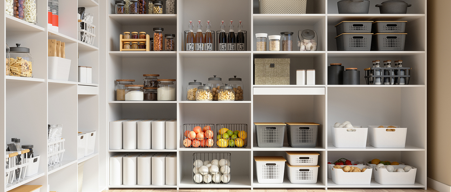 a large pantry with a lot of storage items.