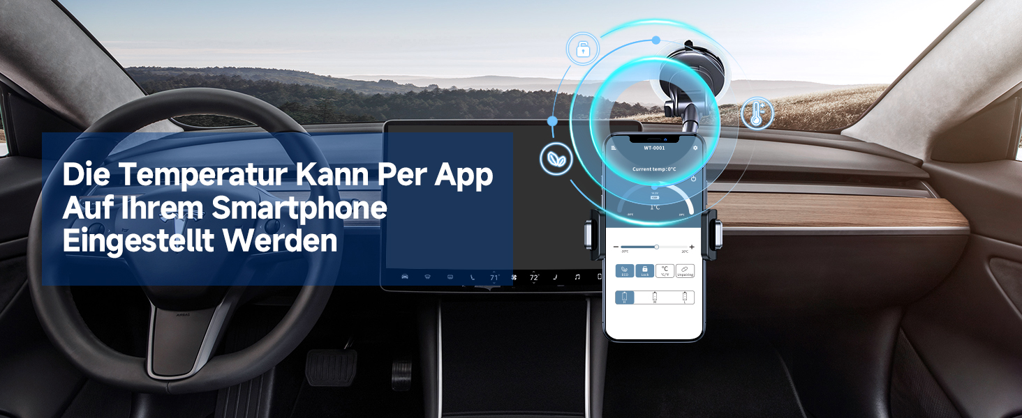 Autoinnenraum mit Armaturenbrett und Lenkrad. Smartphone montiert, App zur Temperaturkontrolle Die Textüberlagerung zeigt an, dass die Temperatur über die Smartphone-App eingestellt werden kann