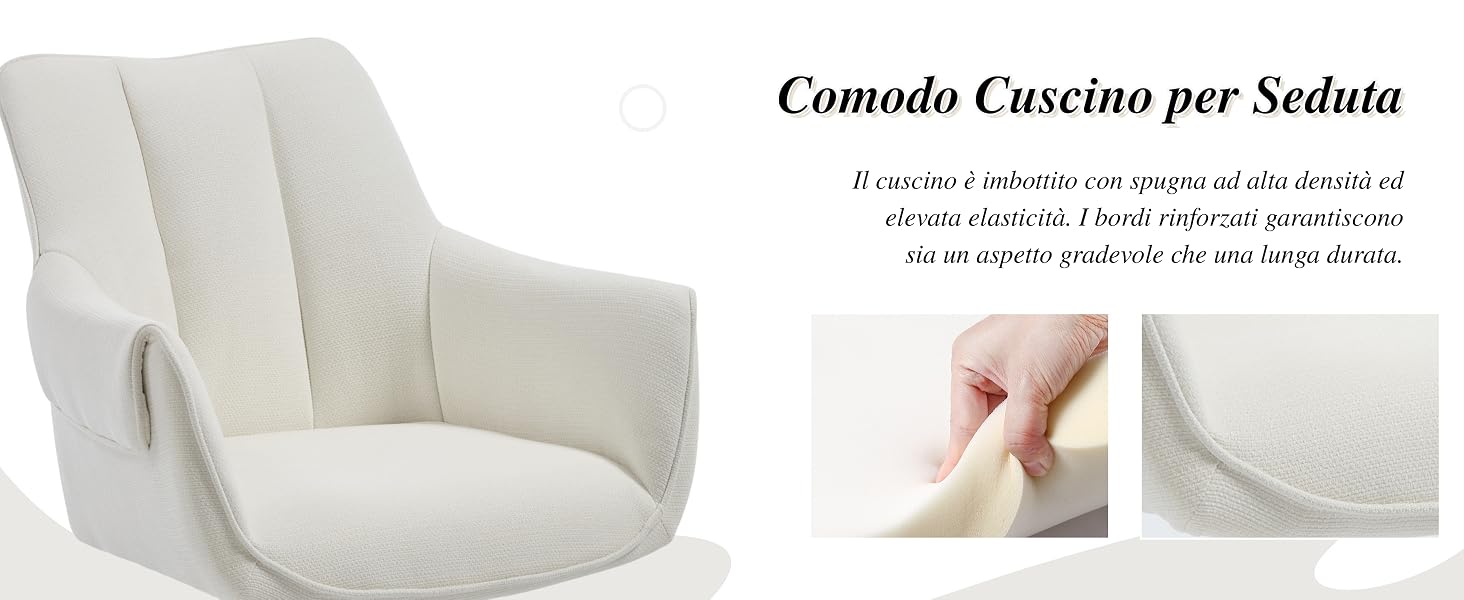 Il testo recita «Comodo Cuscino per Seduta». Cuscino di seduta bianco mostrato da più angolazioni che dimostra le proprietà di compressione e recupero del memory foam.