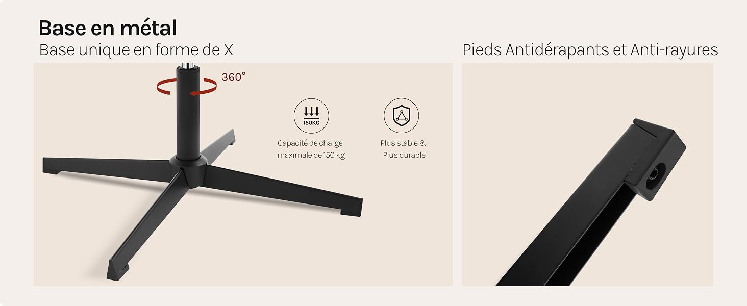 Base en métal pour parasol ou support. Design en forme de croix avec quatre bras. Dispose d'une rotation à 360 degrés et de pieds antidérapants et anti-rayures. Le gros plan montre la surface texturée d'un bras