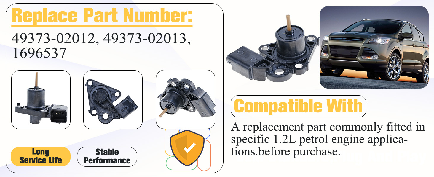 Text reads 'Replace Part Number: 49373-0203, 49373-0201S, 1696537' and 'Compatible with: A replacement part commonly fitted in vehicle 12V small engine applications before purchase.' Engine parts with car image and compatibility information.