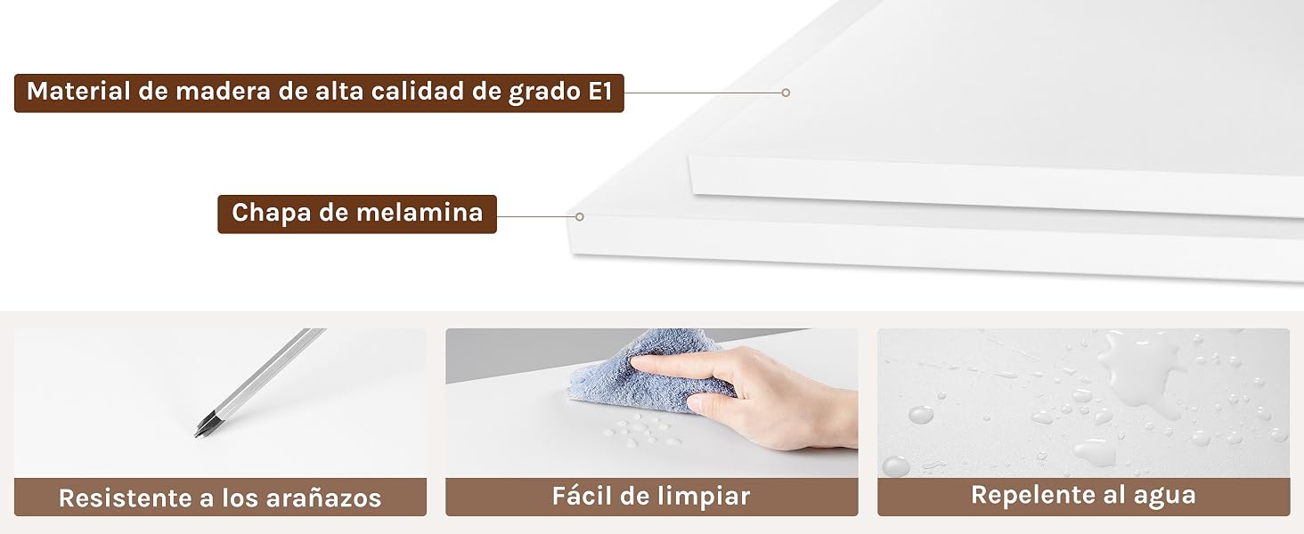 con características etiquetadas: material de madera de alta calidad, resistente a los arañazos, fácil de limpiar y repele el agua. Demostrando a mano cómo limpiar la superficie