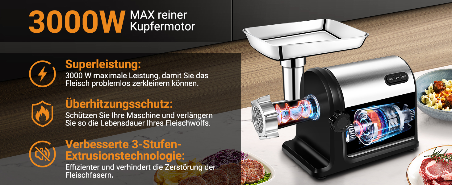 Elektrischer Fleischwolf mit silbernem und schwarzem Design. Der Text hebt die maximale Leistung von 3000 W, den Überhitzungsschutz und die 3-stufige Extraktionstechnologie hervor. Dargestellt mit Fleisch und Gemüse