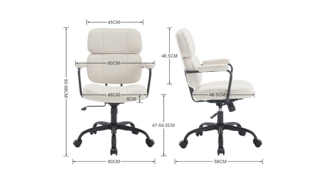 Office chair with white upholstery and armrests. Diagram shows dimensions including seat width, depth, and height adjustability range.
