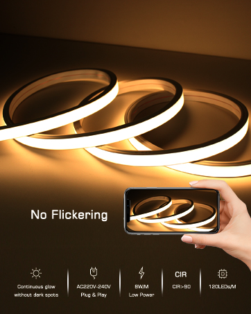 Curved LED light strips emitting warm light. Phone screen shows 'No Flickering'. Icons indicate dimming, color temperature, and other features.