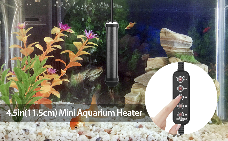 4.5in mini aquarium heater with digital control panel, shown in a fish tank with colorful plants and rocks.