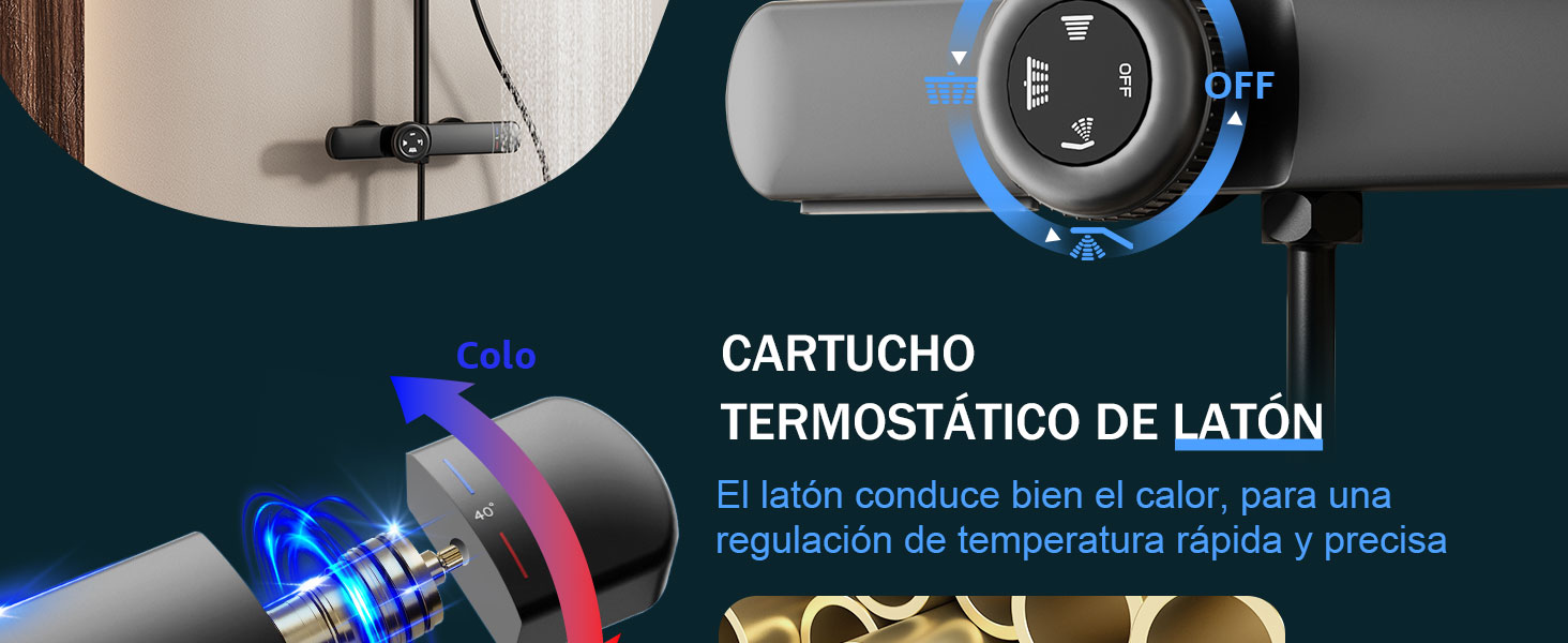 El texto dice «CARTUCHO TERMOSTÁTICO DE LATÓN» y «El latón conduce bien el calor, para una regulación de temperatura rápida y precisa». Muestra el componente de cartucho termostático de latón.