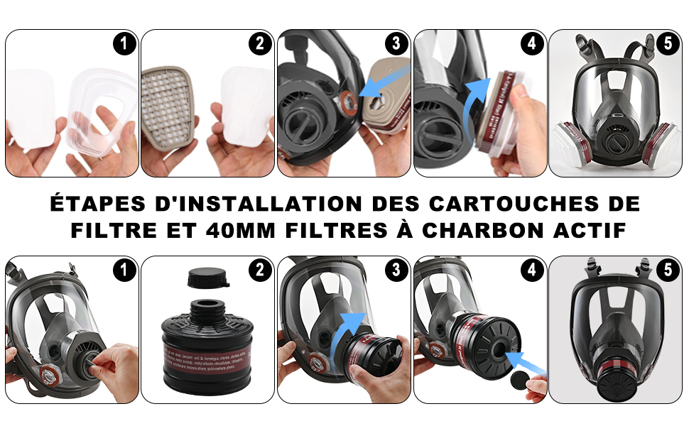 Le texte se lit comme suit : « ÉTAPES D'INSTALLATION DES CARTOUCHES DE FILTRE ET FILTRES À CHARBON ACTIF DE 40 MM ». Schéma d'instructions étape par étape montrant le processus d'installation du filtre à masque à gaz.