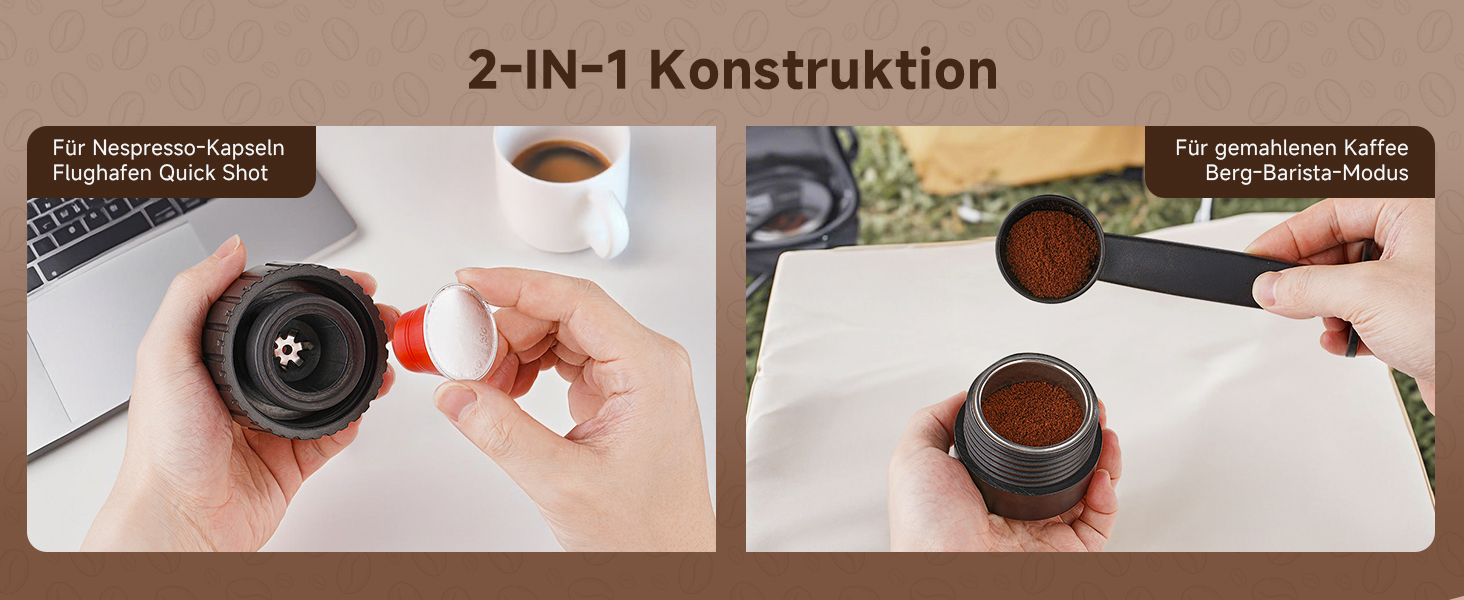 Der Text lautet „2-IN-1 Konstruktion“. Geteiltes Bild, das zeigt, wie eine manuelle Kaffeemühle zusammengebaut und zum Mahlen von Kaffeebohnen verwendet wird.