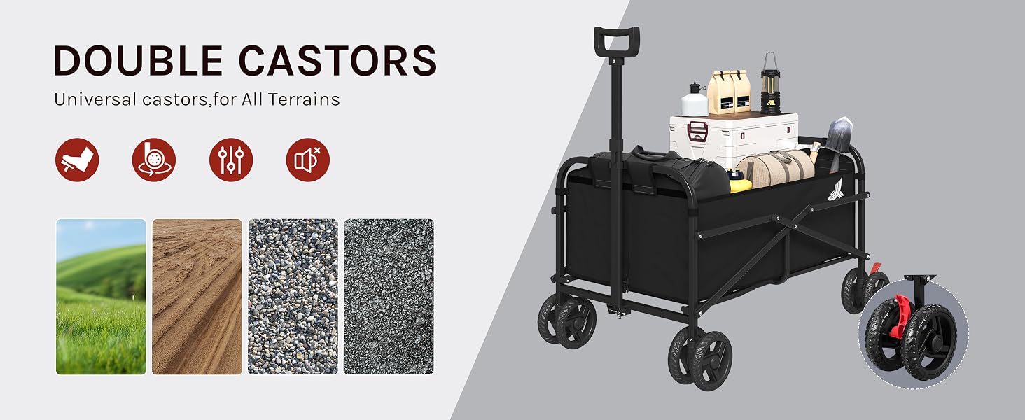 Foldable utility wagon with double wheels featuring all-terrain capability, shown with sample terrain types and four wheel settings icons. Black fabric basket with durable frame construction.