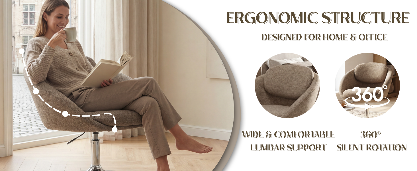 Text reads 'ERGONOMIC STRUCTURE DESIGNED FOR HOME &amp; OFFICE'. Additional view of ergonomic office chair features showing rotation and lumbar support details.