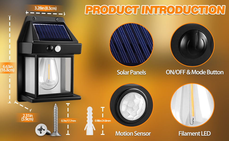 Text reads 'PRODUCT INTRODUCTION'. Display showing solar panel, motion sensor, and filament LED components for an outdoor lighting system with technical diagram illustrations.