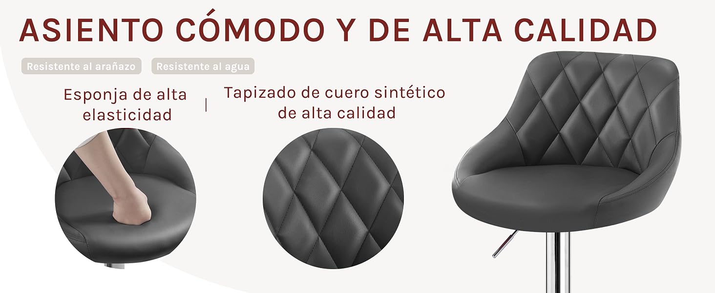con asiento de espuma de alta elasticidad y tapicería de piel sintética.