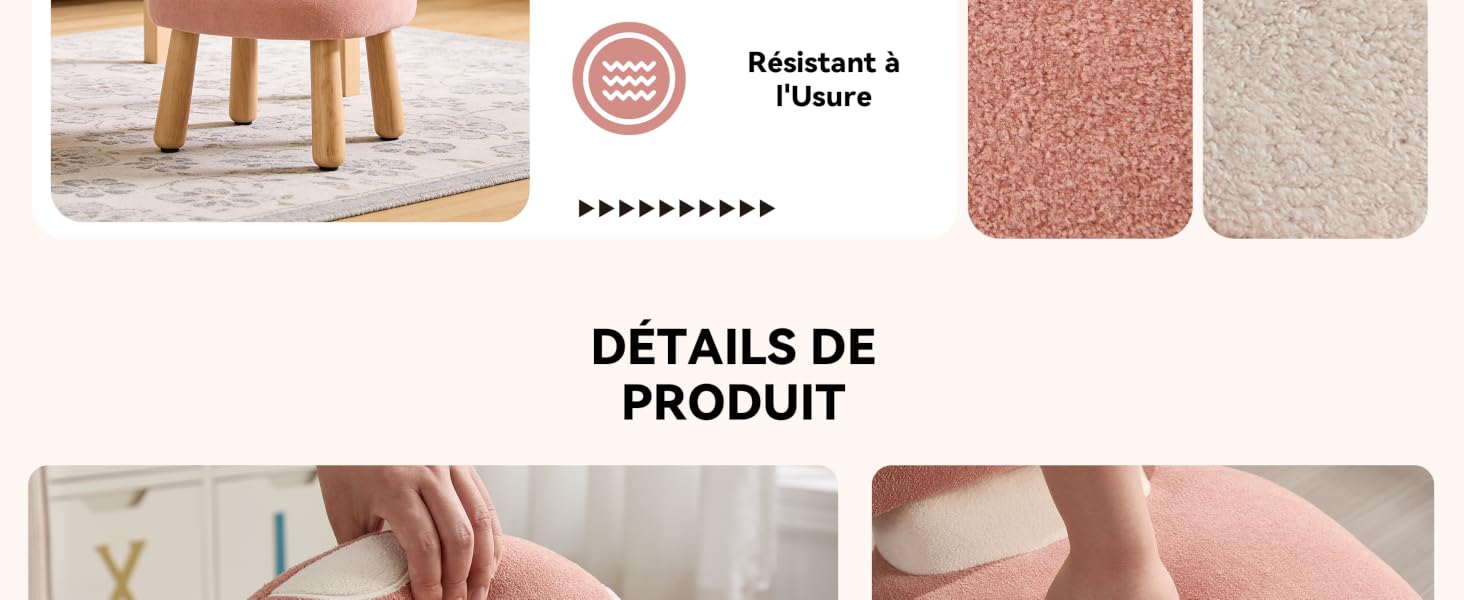 Le texte indique « DÉTAILS DU PRODUIT ». Collection de photographies détaillées de produits montrant les textures des tissus et des gros plans des matériaux dans des tons neutres.