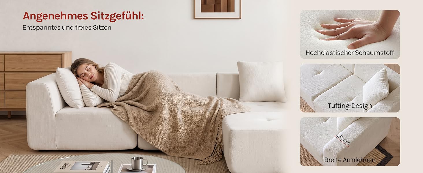 Der Text lautet „Angenehmes Integriert:“, wobei „Besser... Verschiedenes“ sichtbar ist. Gemütliches Schlafzimmerbild mit abgebildeten Kissen und Decken; Produktdetails sind in den Eckpaneelen abgebildet.