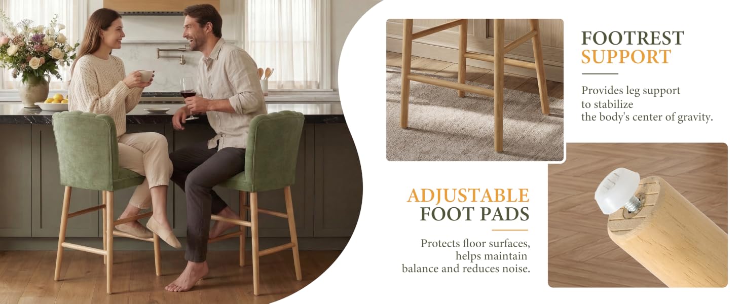Text reads 'FOOTREST SOLUTION' and 'STICK-ON FOOT PADS'. Split image showing people at counter height seating and close-up of adhesive furniture foot pads.